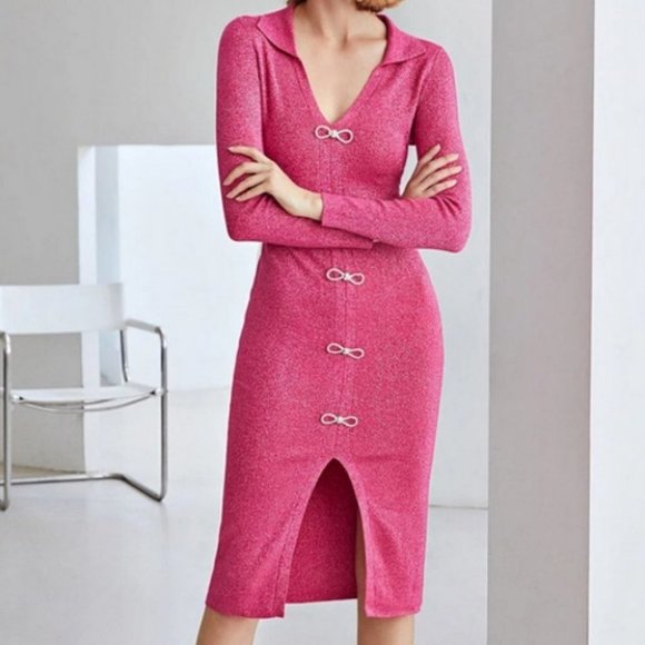 pink sparkle knit bow button detail split hem dress - Picture 10 of 10